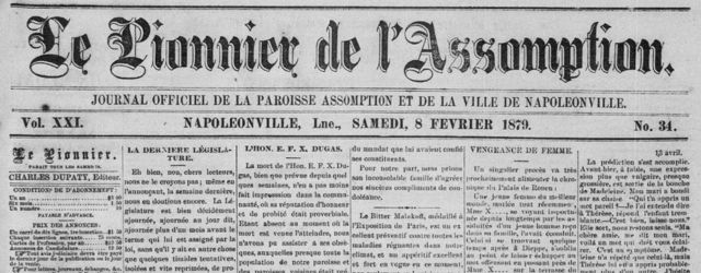 Une du journal le Pionnier de l'Assomption du 8 février 1879